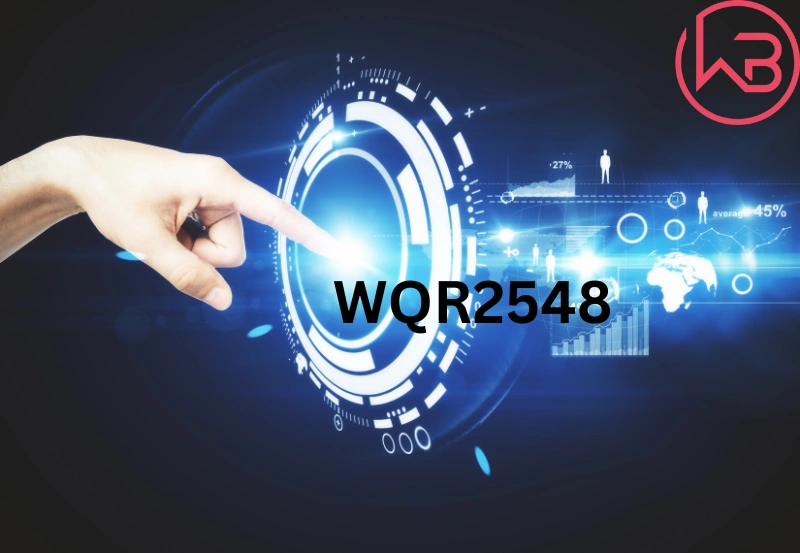 Futuristic depiction of WQR2548 technology with glowing data streams, quantum grid, and advanced applications in healthcare and telecommunications.