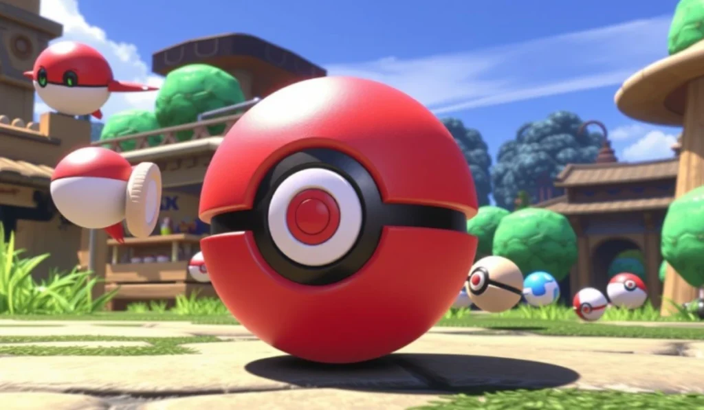 A close-up of a Poké Ball with multiple smaller Poké Balls floating in the background in a vibrant outdoor setting, symbolizing customization and modification in the SSBB F Pokéballs Switch Modifier.