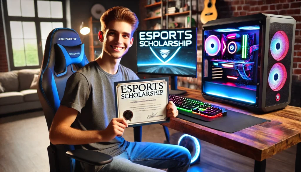 Student receiving an esports scholarship while sitting at a gaming setup.