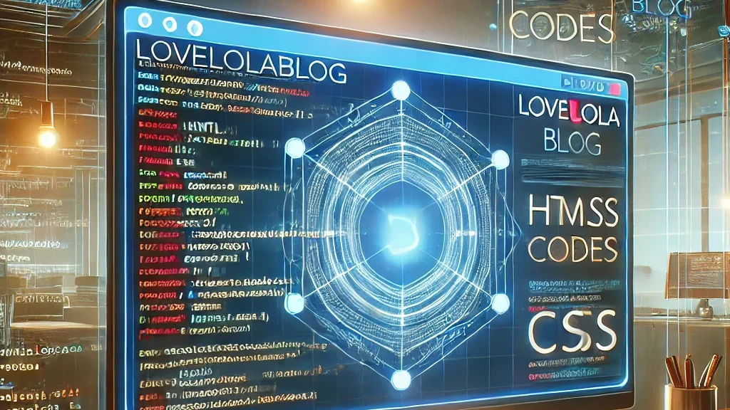 A modern digital illustration featuring Lovelolablog Codes on a high-tech screen, displaying HTML, CSS, and JavaScript for advanced blog customization.