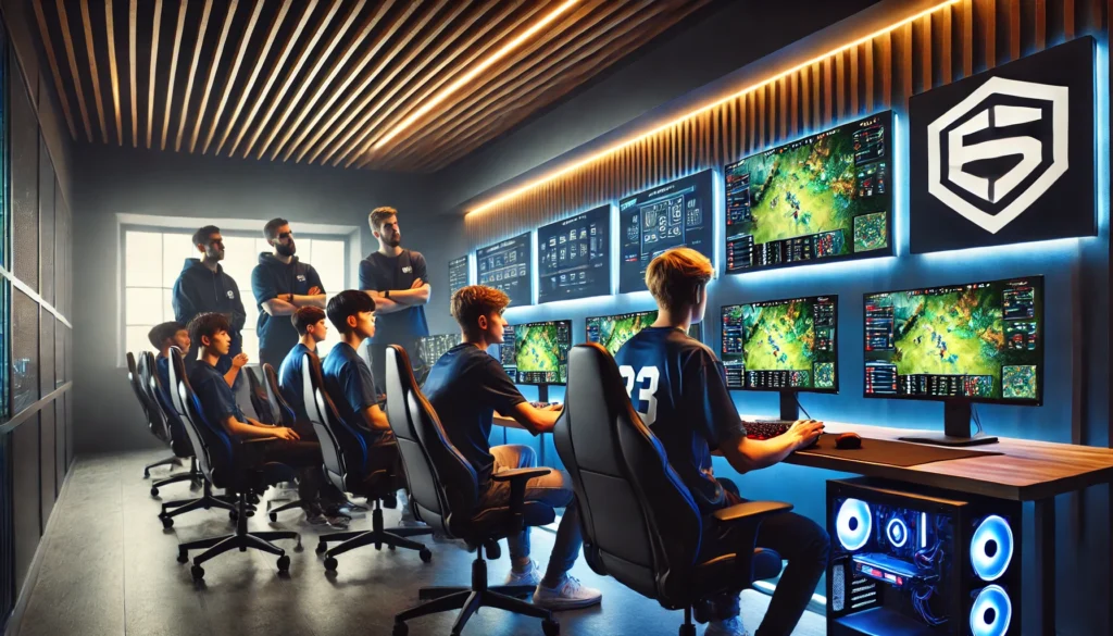 University esports team training with professional coaching and gaming setups.