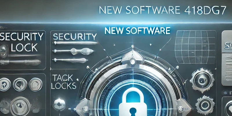 Illustration of New Software 418DSG7, showcasing an intuitive dashboard with productivity, security, and efficiency features.