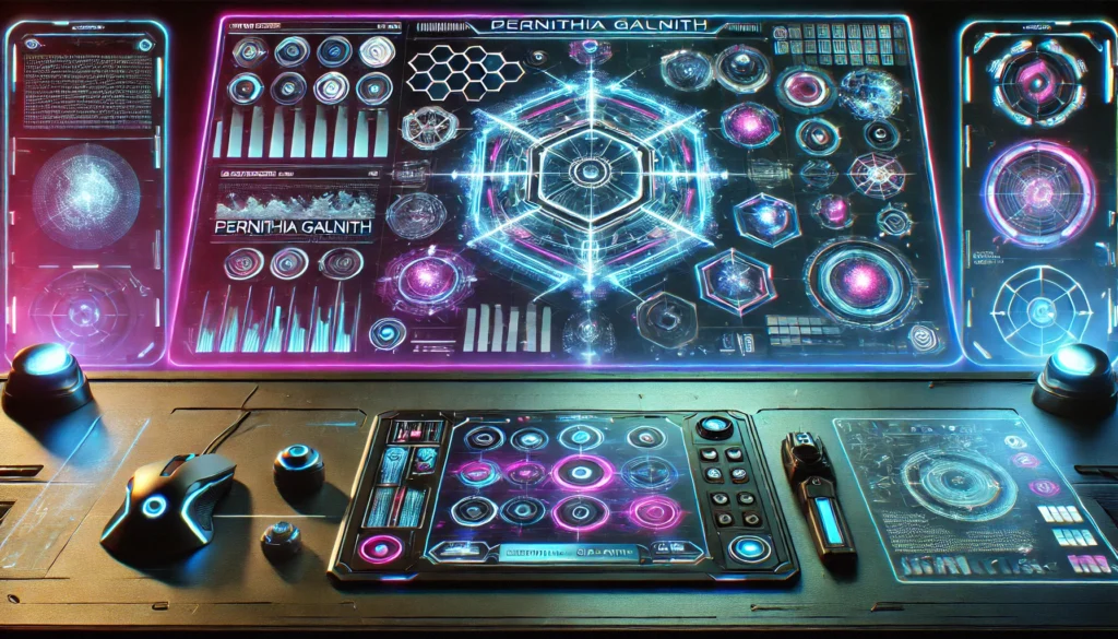 high-tech gaming interface in Pernithia Galnith, featuring futuristic controls, immersive digital gameplay, and neon-lit holographic elements.