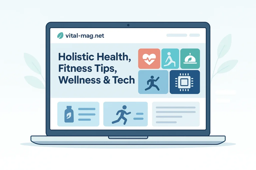 Vital-mag.net blog homepage illustration showcasing holistic health, fitness tips, and technology insights.