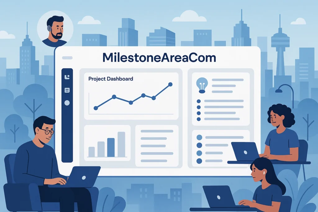 A digital dashboard and team collaboration visual representing MilestoneAreaCom’s online innovation and community focus.
