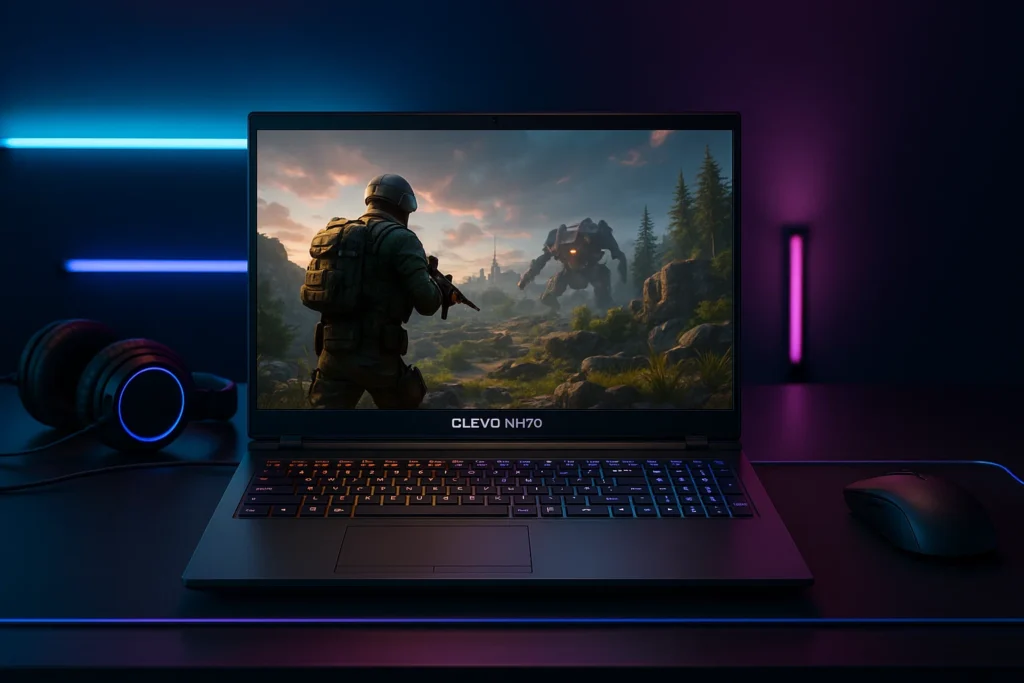 Clevo NH70 gaming laptop on a desk with vibrant screen and accessories, perfect for immersive 2025 gaming experiences.