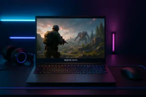 Clevo NH70 gaming laptop on a desk with vibrant screen and accessories, perfect for immersive 2025 gaming experiences.