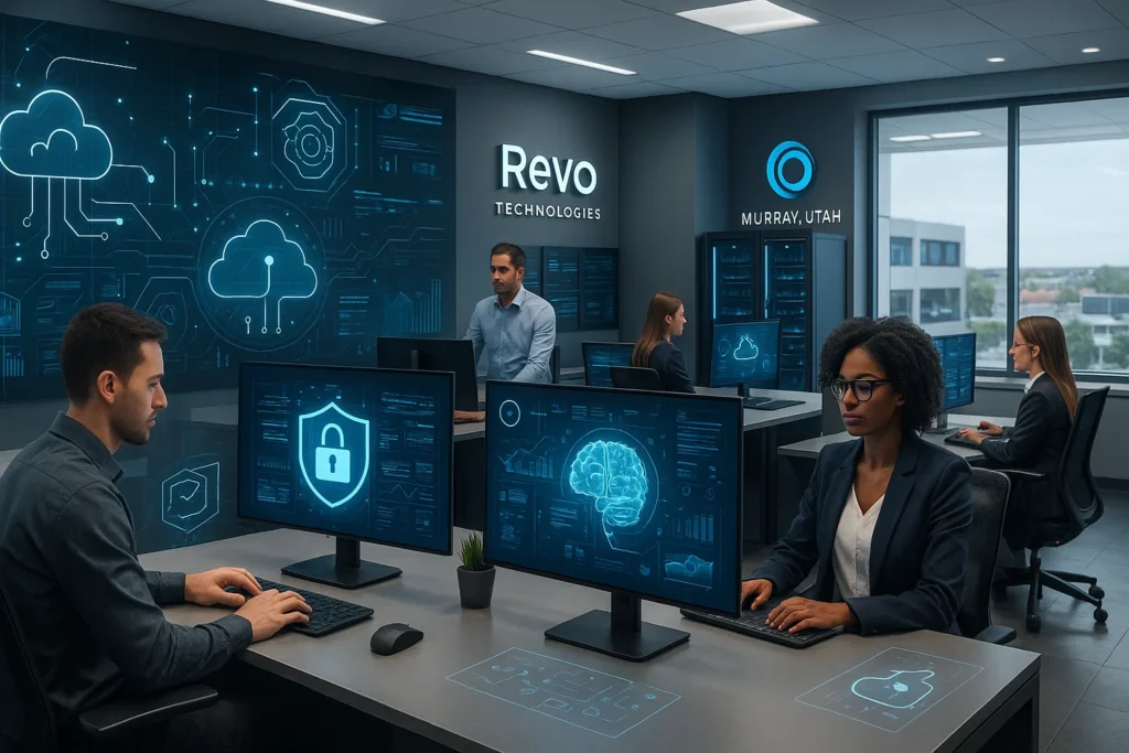 Modern IT office of Revo Technologies in Murray, Utah, showcasing advanced cybersecurity and AI systems