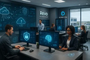 Modern IT office of Revo Technologies in Murray, Utah, showcasing advanced cybersecurity and AI systems