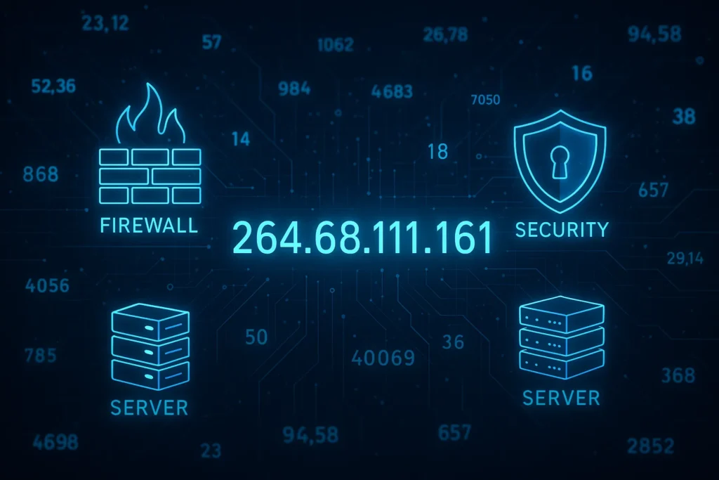 Visual representation of IP address 264.68.111.161 in a secure network environment with cybersecurity elements.