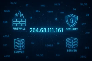 Visual representation of IP address 264.68.111.161 in a secure network environment with cybersecurity elements.